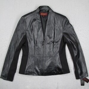 Hal Rubenstein Black Leather Mixed Media Zip Front Jacket Small Moto